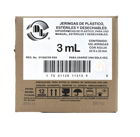 Jeringa DL 3ML 22Gx32MM caja con 100 piezas