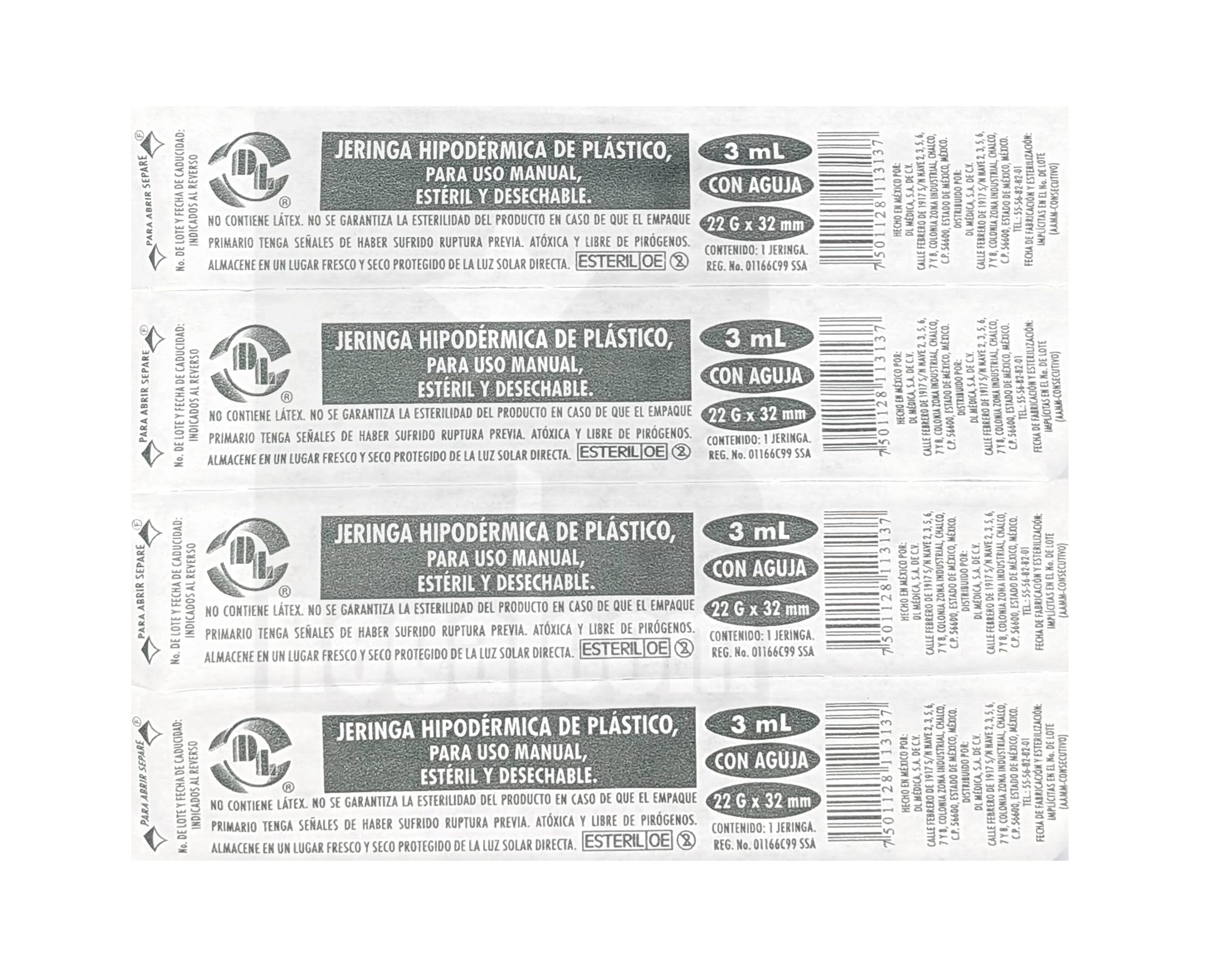 Jeringa DL 3ML 22Gx32MM caja con 100 piezas
