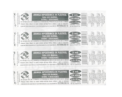 Jeringa DL 3ML 22Gx32MM caja con 100 piezas