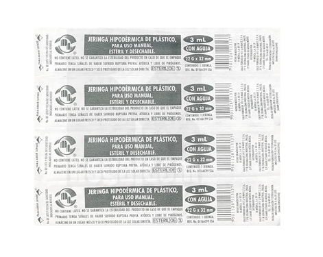 Jeringa DL 3ML 22Gx32MM caja con 100 piezas
