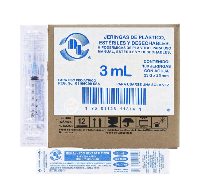 Jeringa DL 3ML 23Gx25MM Caja con 100 Piezas