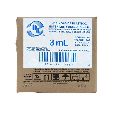 Jeringa DL 3ML 23Gx25MM Caja con 100 Piezas