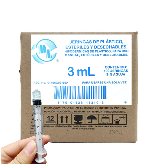 Jeringas hipodérmicas DL 3ml sin aguja. Caja con 100 piezas