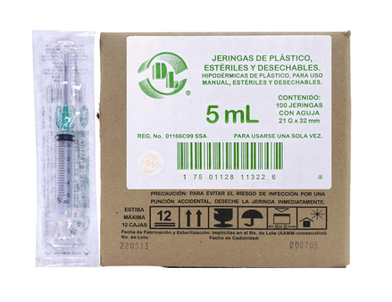 Jeringa DL 5ML 21Gx32MM Caja con 100 piezas