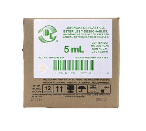 Jeringa DL 5ML 21Gx32MM Caja con 100 piezas