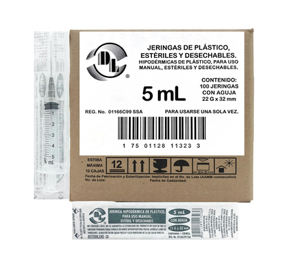 Jeringa DL 5ML 22Gx32mm Caja con 100 piezas