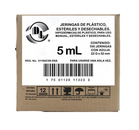 Jeringa DL 5ML 22Gx32mm Caja con 100 piezas
