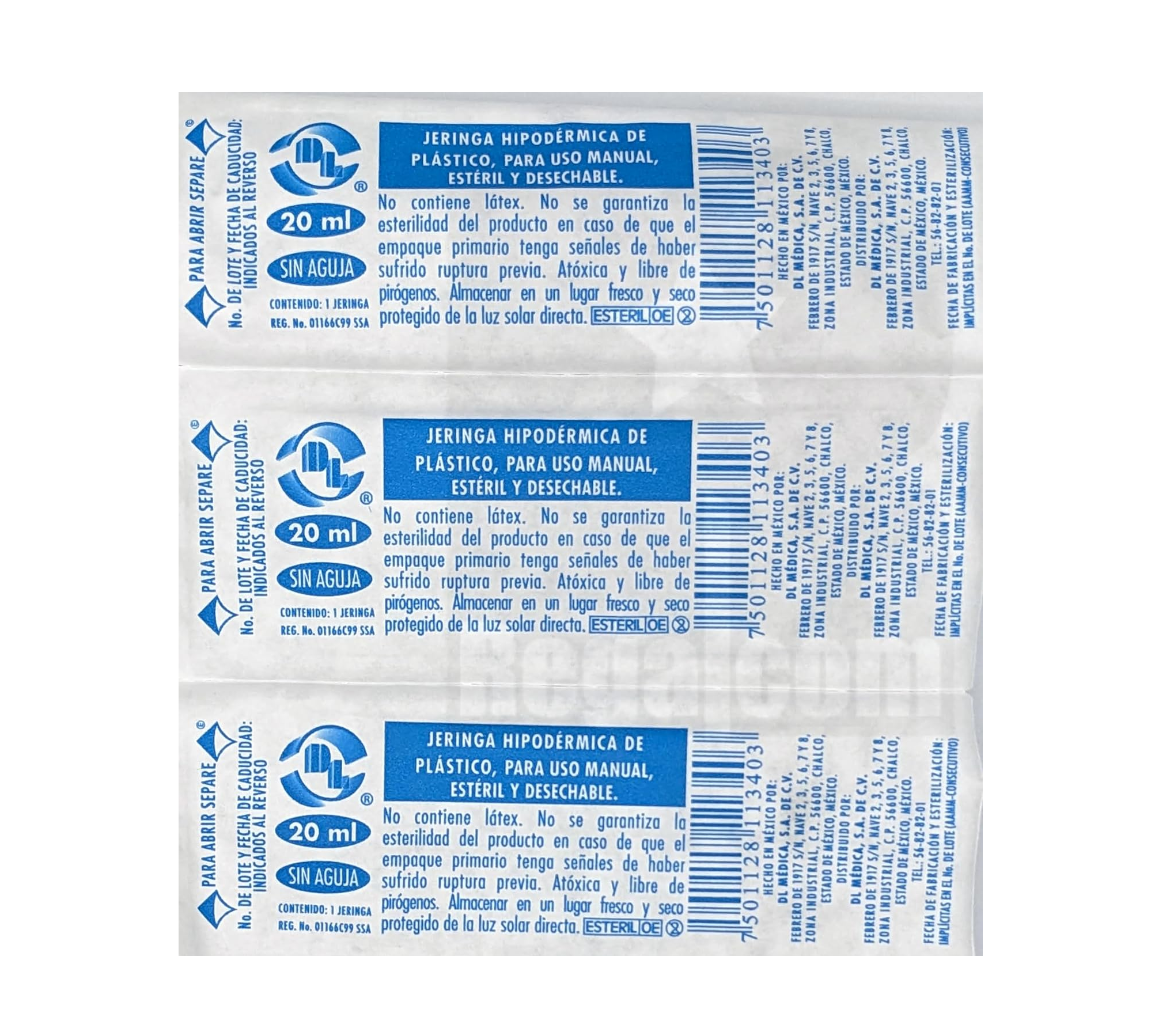 Jeringas DL 20ML sin aguja Caja con 50 piezas