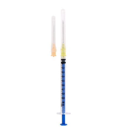 JERINGA ESTÉRIL Y DESECHABLE DE 1 ML CON DOBLE AGUJA 20GX32MM Y 25GX25MM BAJO ESPACIO MUERTO.