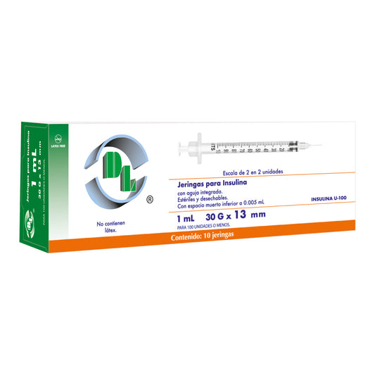 Jeringas hipodérmicas para insulina DL 1ml 30Gx13mm. Caja con 10 piezas