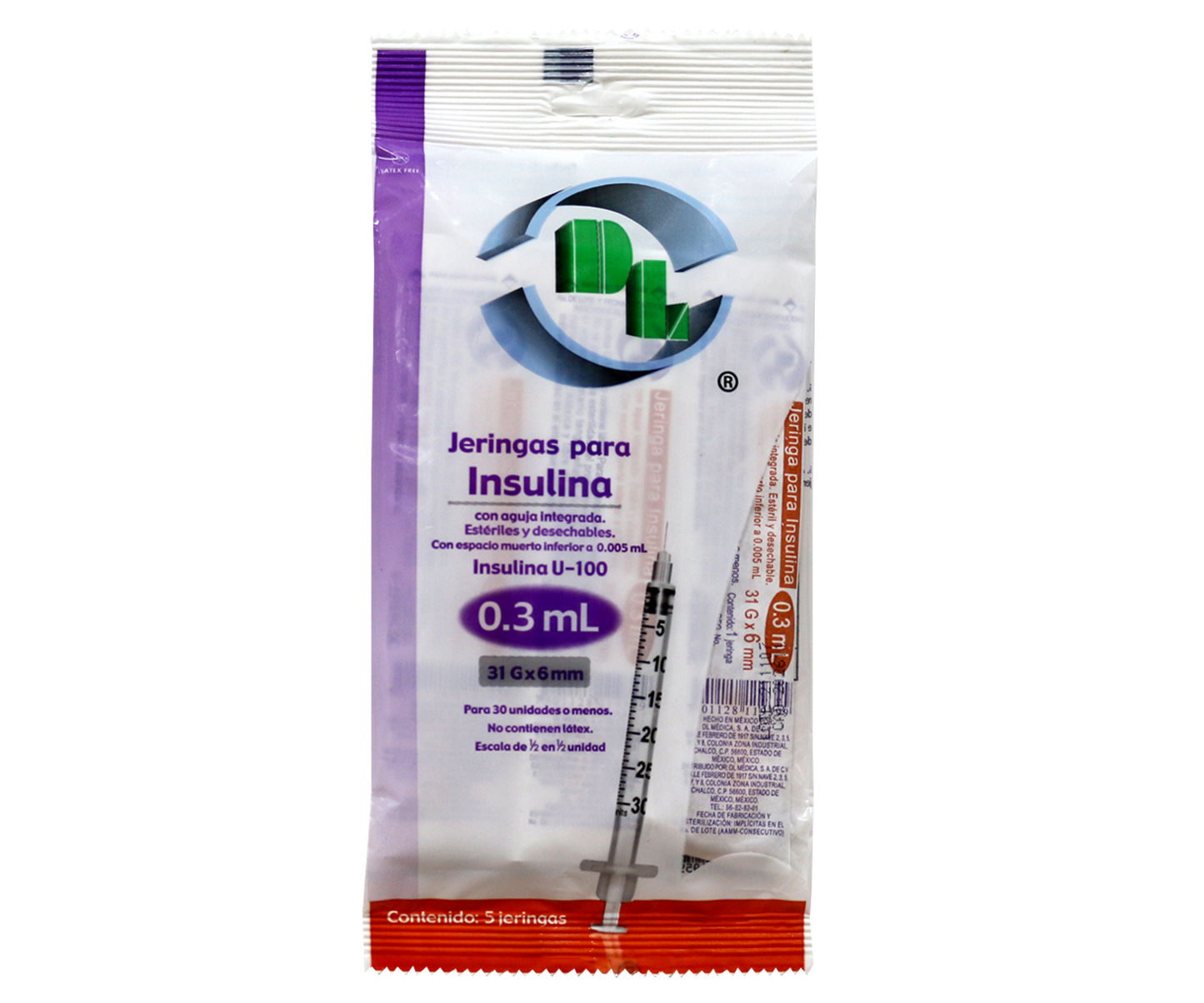 Jeringa para Insulina DL 0.3 ml 31G x 6 mm bolsa con 5 piezas