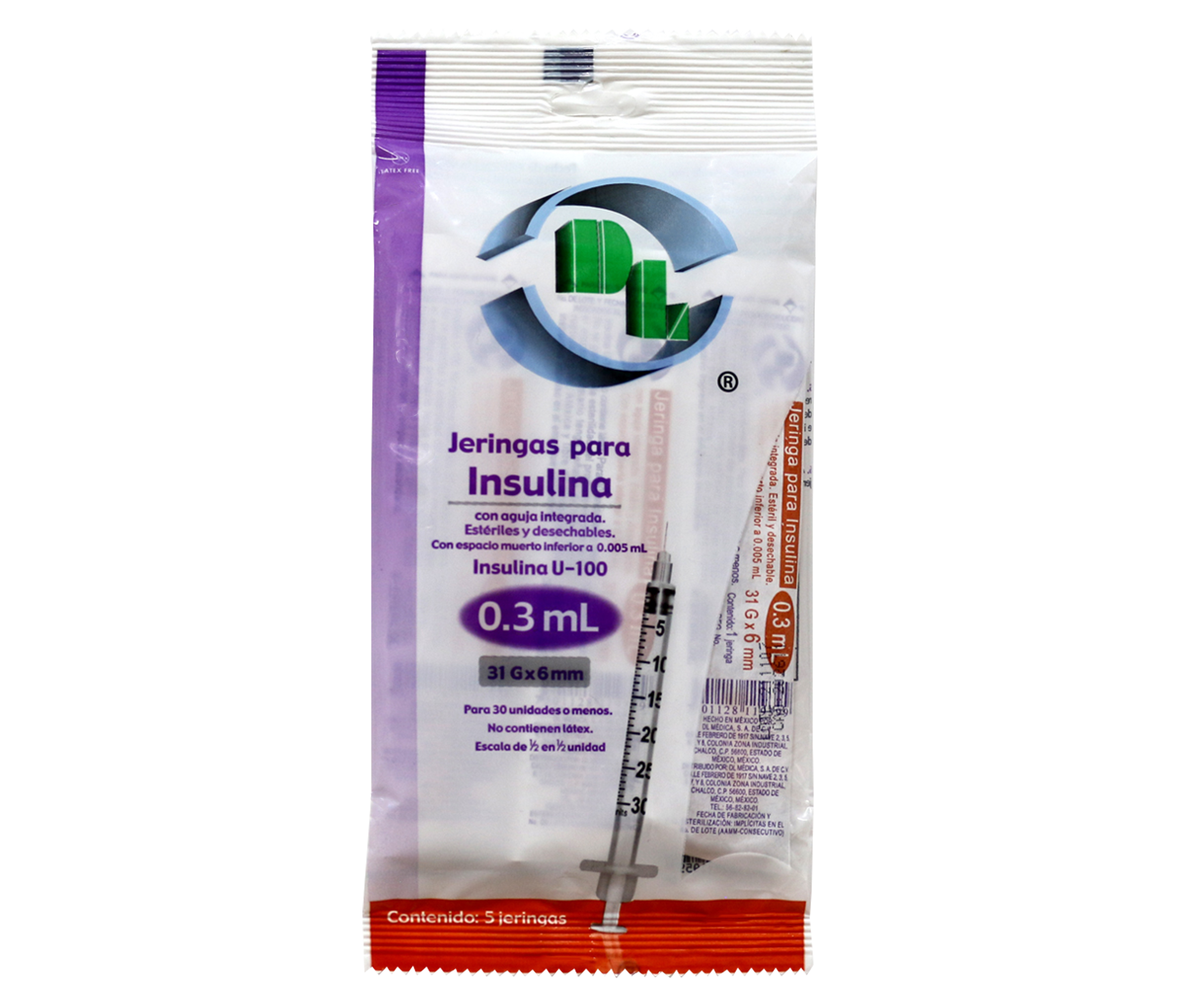 Jeringa para Insulina DL 0.3 ml 31G x 6 mm bolsa con 5 piezas
