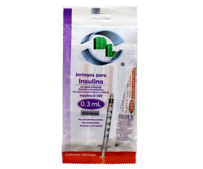 Jeringa para Insulina DL 0.3 ml 31G x 6 mm bolsa con 5 piezas