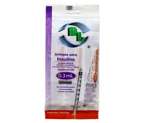 Jeringa para Insulina DL 0.3 ml 31G x 6 mm bolsa con 5 piezas