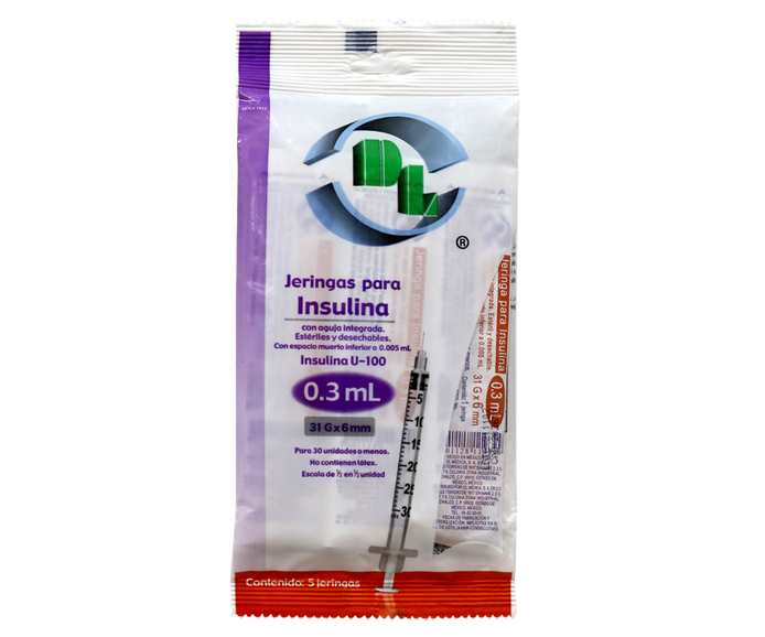 Jeringa para Insulina DL 0.3 ml 31G x 6 mm bolsa con 5 piezas