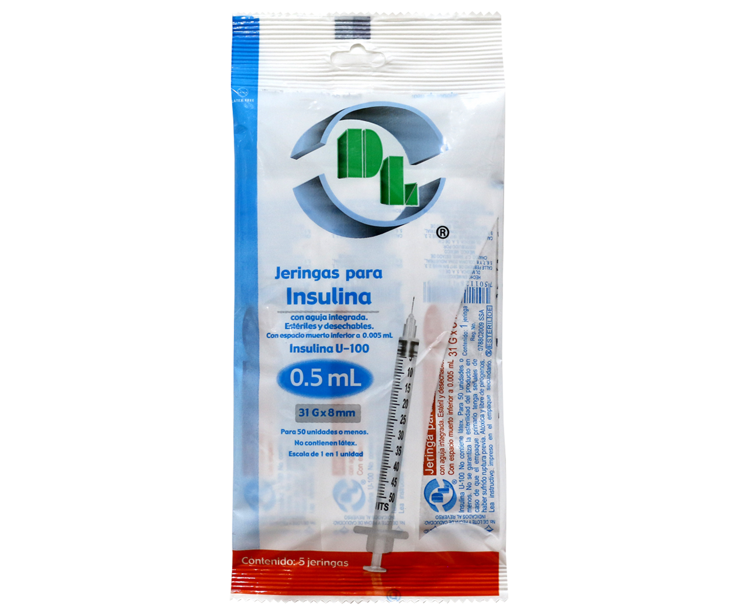 Jeringa hipodérmicas para insulina DL 0.5ml 31Gx8mm. Bolsa con 5 piezas