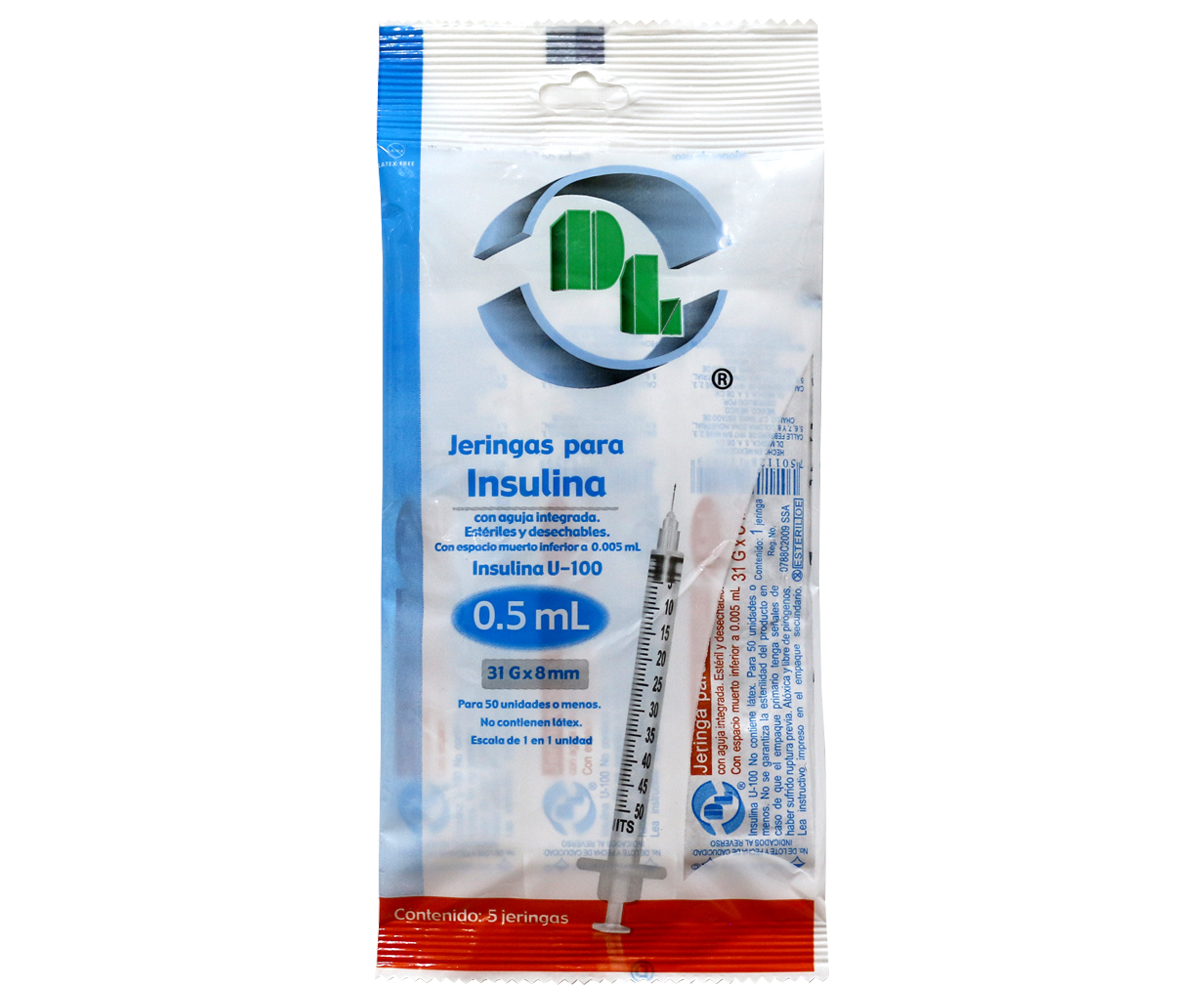 Jeringa para Insulina DL 0.5 ml 31G x 8 mm bolsa con 5 piezas