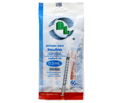 Jeringa hipodérmicas para insulina DL 0.5ml 31Gx8mm. Bolsa con 5 piezas