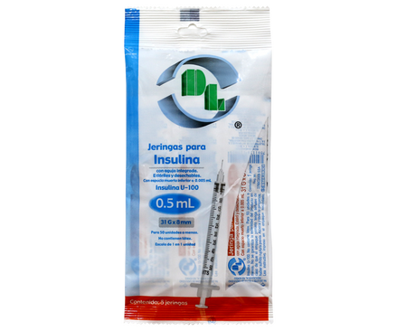 Jeringa para Insulina DL 0.5 ml 31G x 8 mm bolsa con 5 piezas