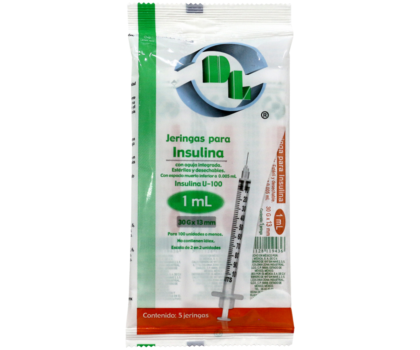 Jeringas hipodérmicas para insulina DL 1 ml 30Gx13mm. Bolsa con 5 piezas