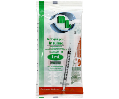 Jeringas hipodérmicas para insulina DL 1 ml 30Gx13mm. Bolsa con 5 piezas