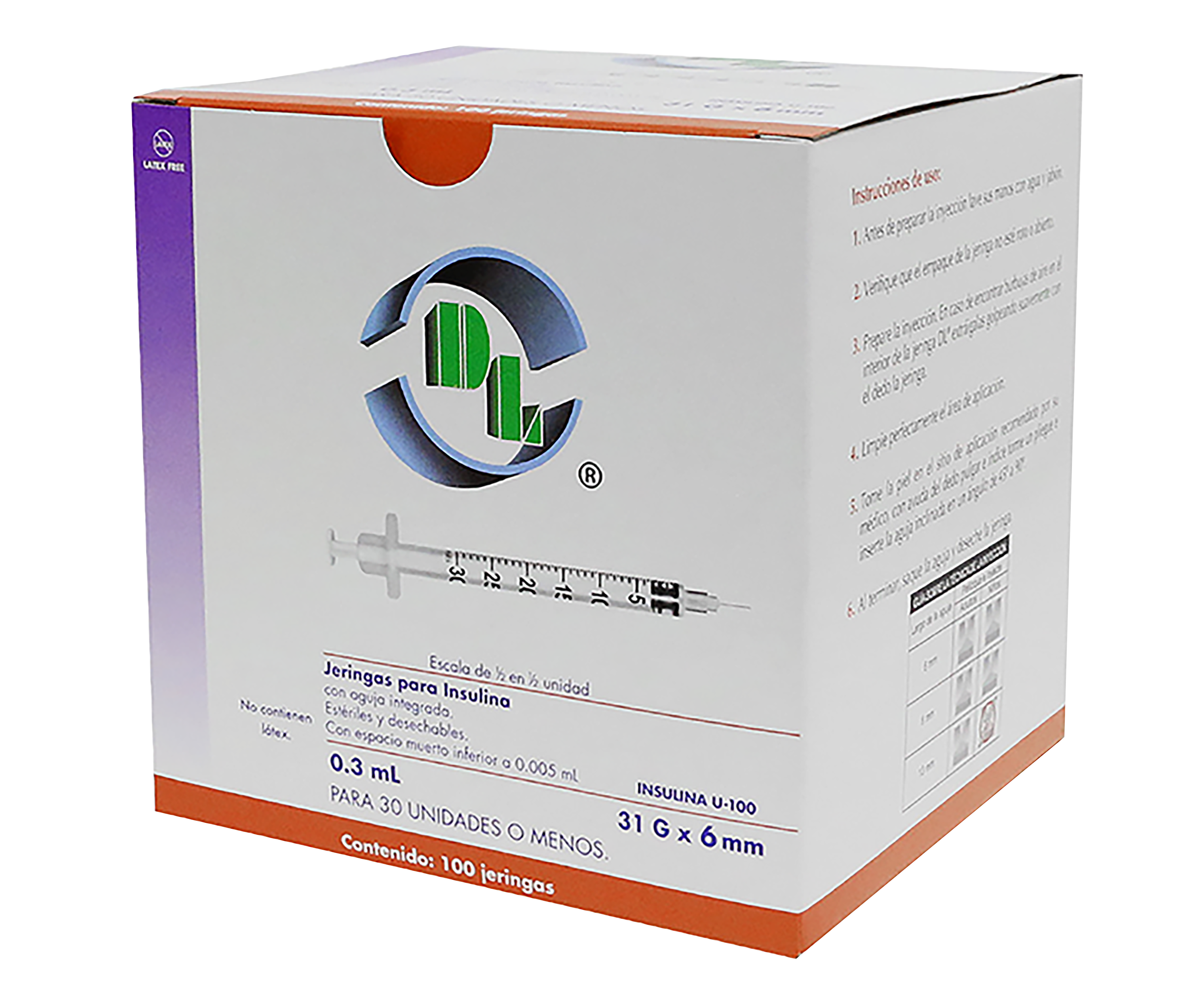 Jeringas para Insulina DL 0.3 ML 31GX06mm Caja con 100pz