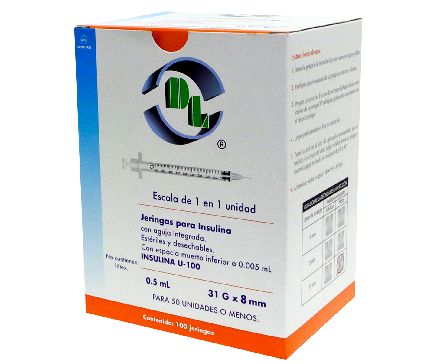 Jeringas para Insulina DL 0.5 ML 31GX08mm Caja con 100 piezas