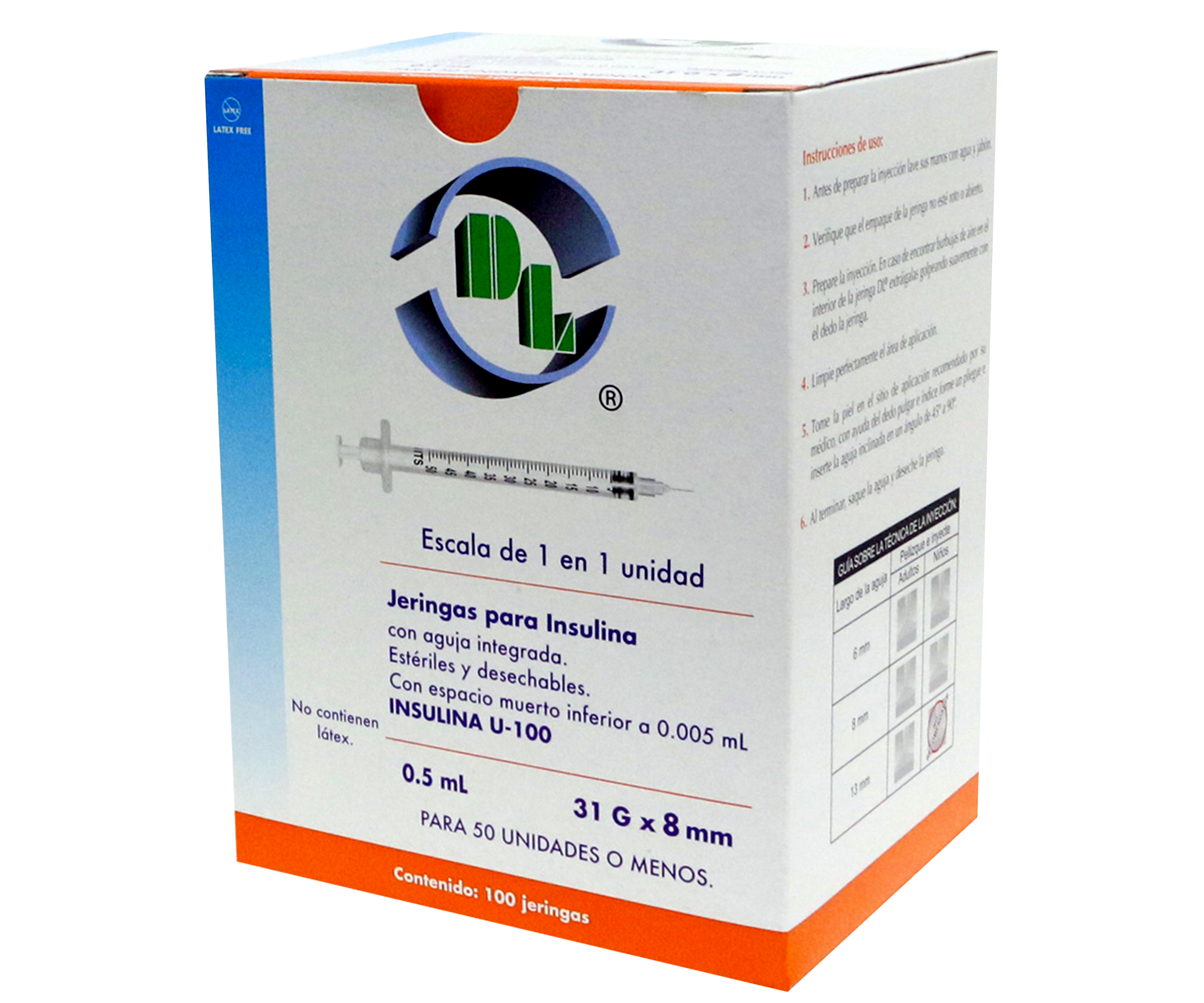 Jeringas para Insulina DL 0.5 ML 31GX08mm Caja con 100 piezas