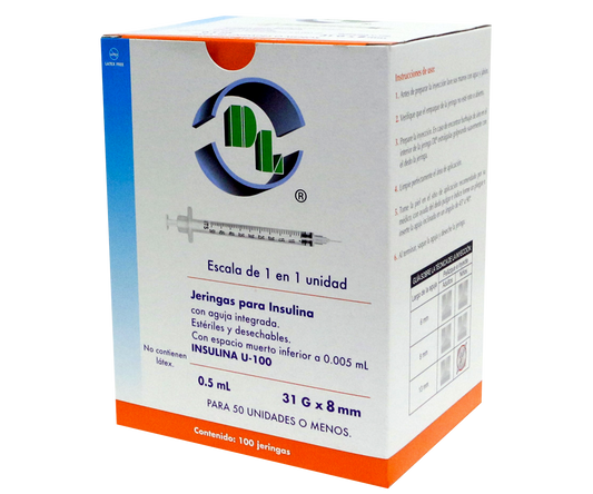 Jeringas hipodérmicas para insulina DL 0.5ml 31GX08mm. Caja con 100 piezas