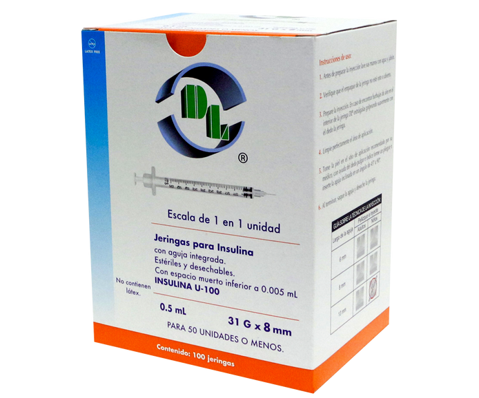 Jeringas para Insulina DL 0.5 ML 31GX08mm Caja con 100 piezas