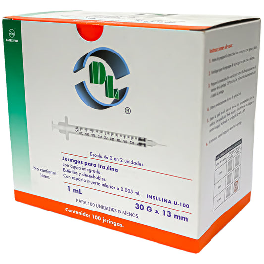 Jeringas hipodérmicas para insulina DL 1 ML 30Gx13mm. Caja 100 piezas