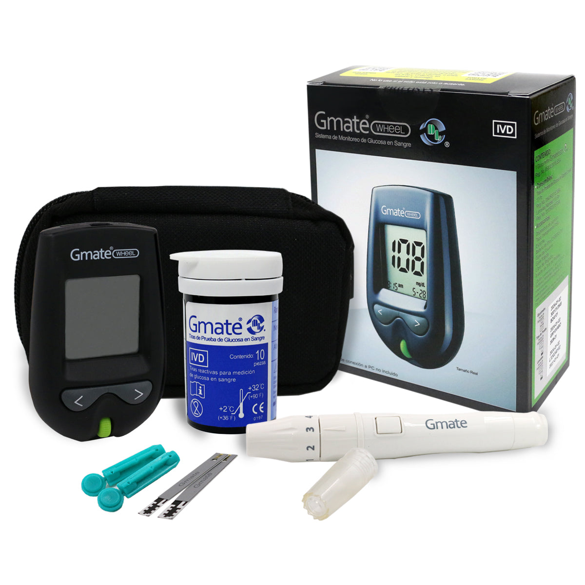 Glucómetro Gmate DL Wheel. Kit estuche con tiras, dispositivo de punción y lancetas. Color negro