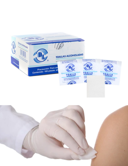 DL Toallas alcoholadas suaves y resistentes con alcohol isopropílico al 70%. Caja con 100 sobres
