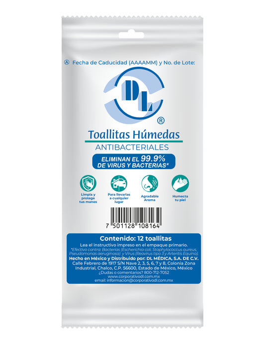 Bolsa de Toallitas Húmedas Antibacterial DL contiene 12 piezas