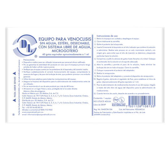 Equipo para venoclisis DL microgotero sin aguja, estéril, desechable, con sistema libre de aguja