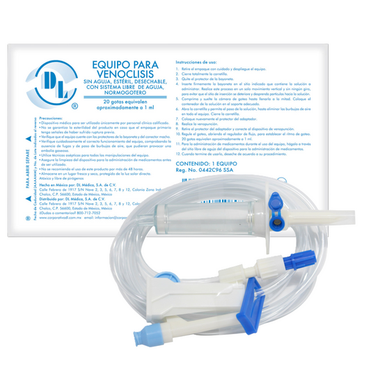 Equipo para venoclisis DL Normogotero sin aguja, estéril, desechable, con sistema libre de aguja