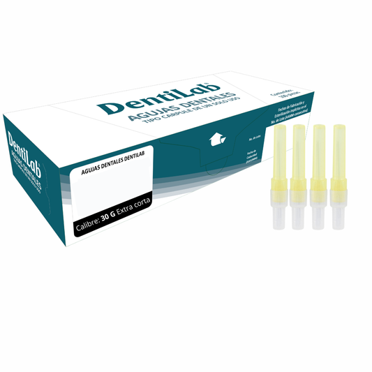 Aguja Dental Calibre 30G Extra Corta Dentilab Caja con 100 piezas.