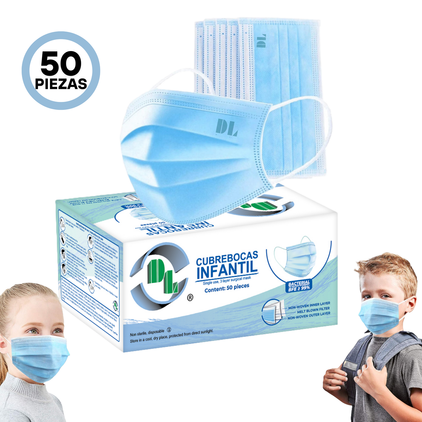 Cubrebocas tricapa infantil desechable. Caja con 50 piezas