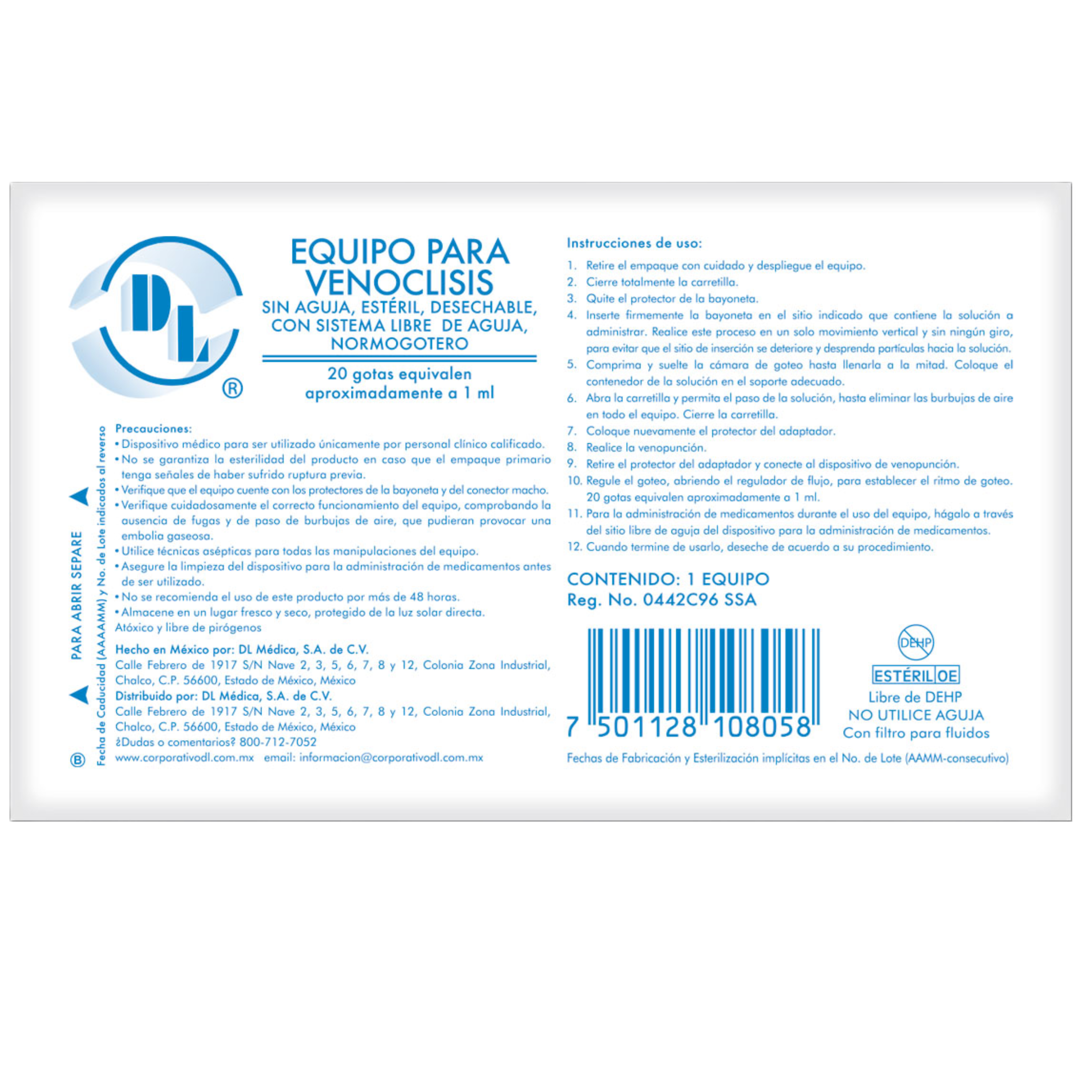 Equipo para Venoclisis sin aguja, estéril, desechable, con sistema libre de aguja, Normogotero