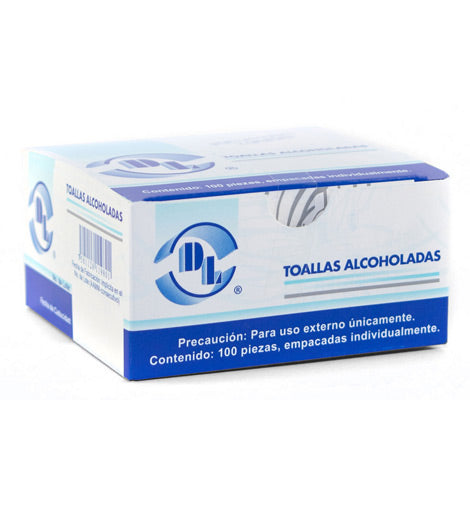 Toallas alcoholadas DL suaves y resistentes con alcohol isopropílico al 70%. Caja con 100 sobres