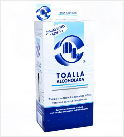 Toallas alcoholadas DL. Dispensador con 24 bolsas, 6 piezas cada bolsita
