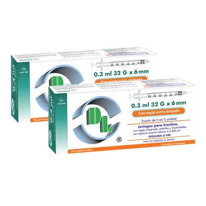 2x1 Jeringas hipodérmicas para insulina DL 0.3ml 32Gx6mm. 2 Caja con 10 piezas cada una