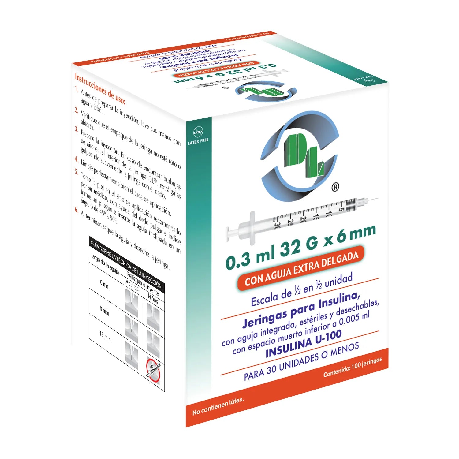 Jeringa para Insulina DL 0.3 ML 32GX06mm Caja 100 piezas