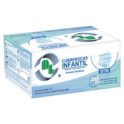 Cubrebocas tricapa infantil desechable. Caja con 50 piezas
