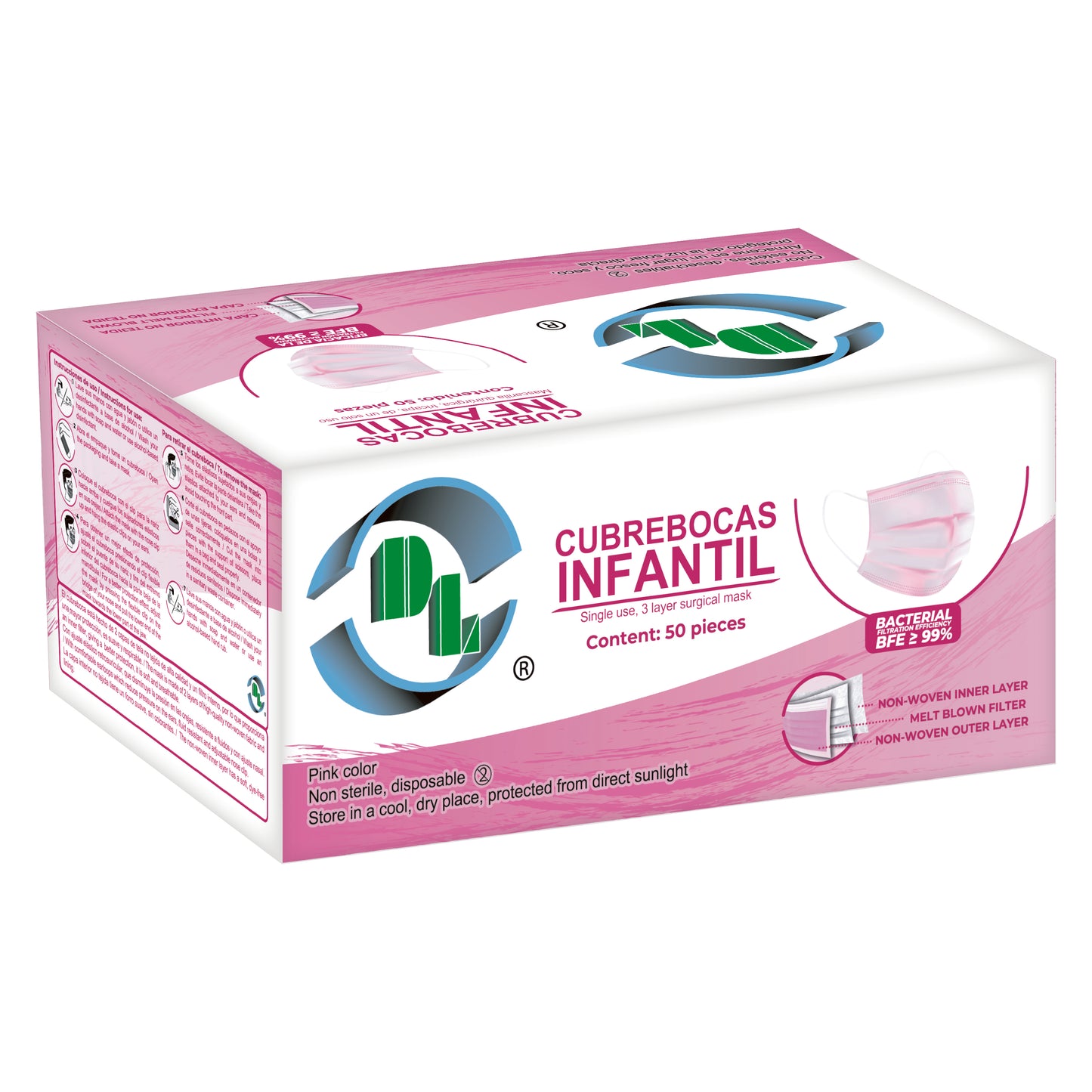 Cubrebocas tricapa infantil desechable. Caja con 50 piezas