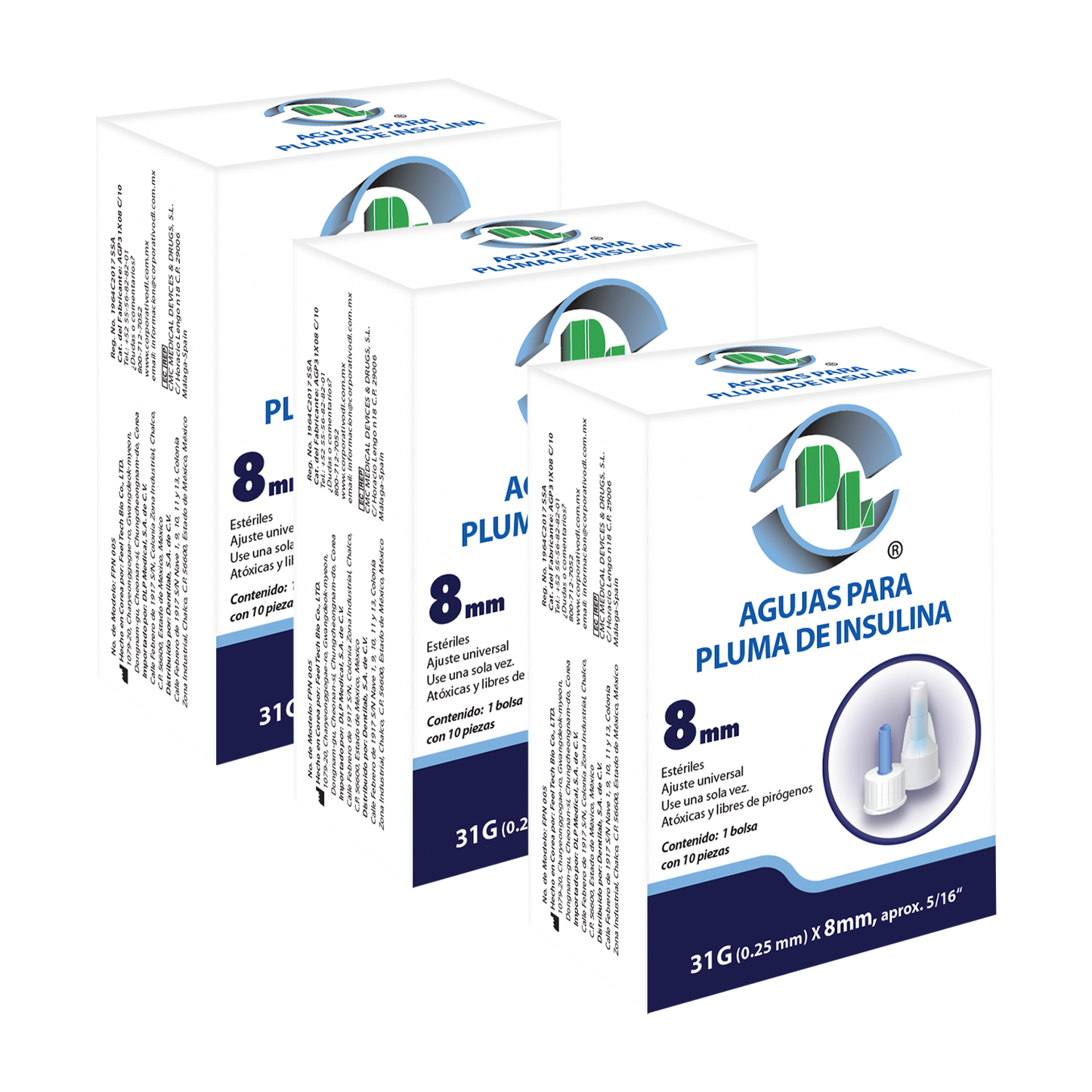 3x1 Agujas para pluma de insulina DL 31Gx8mm. 3 Cajas con 10 piezas cada una.