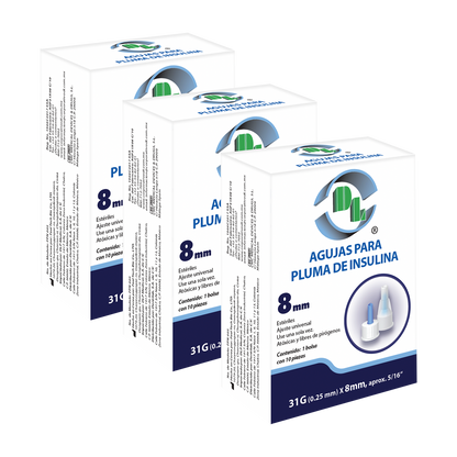 3x1 Agujas para pluma de insulina DL 31Gx8mm. 3 Cajas con 10 piezas cada una.