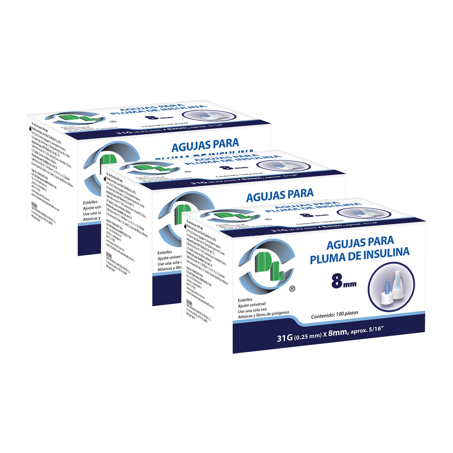 3x1 Agujas para pluma de insulina 31Gx8mm. 3 Cajas con 100 piezas cada una.
