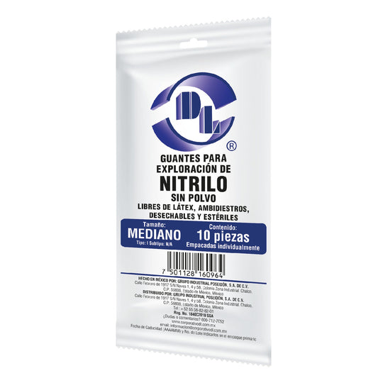 GUANTES DE NITRILO DL TALLA MEDIANOS BOLSA CON 10 PZAS