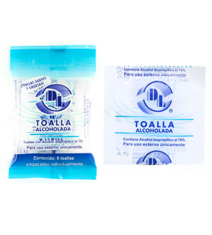DL Toallas alcoholadas suaves y resistentes con alcohol isopropílico al 70%. Caja con 100 sobres